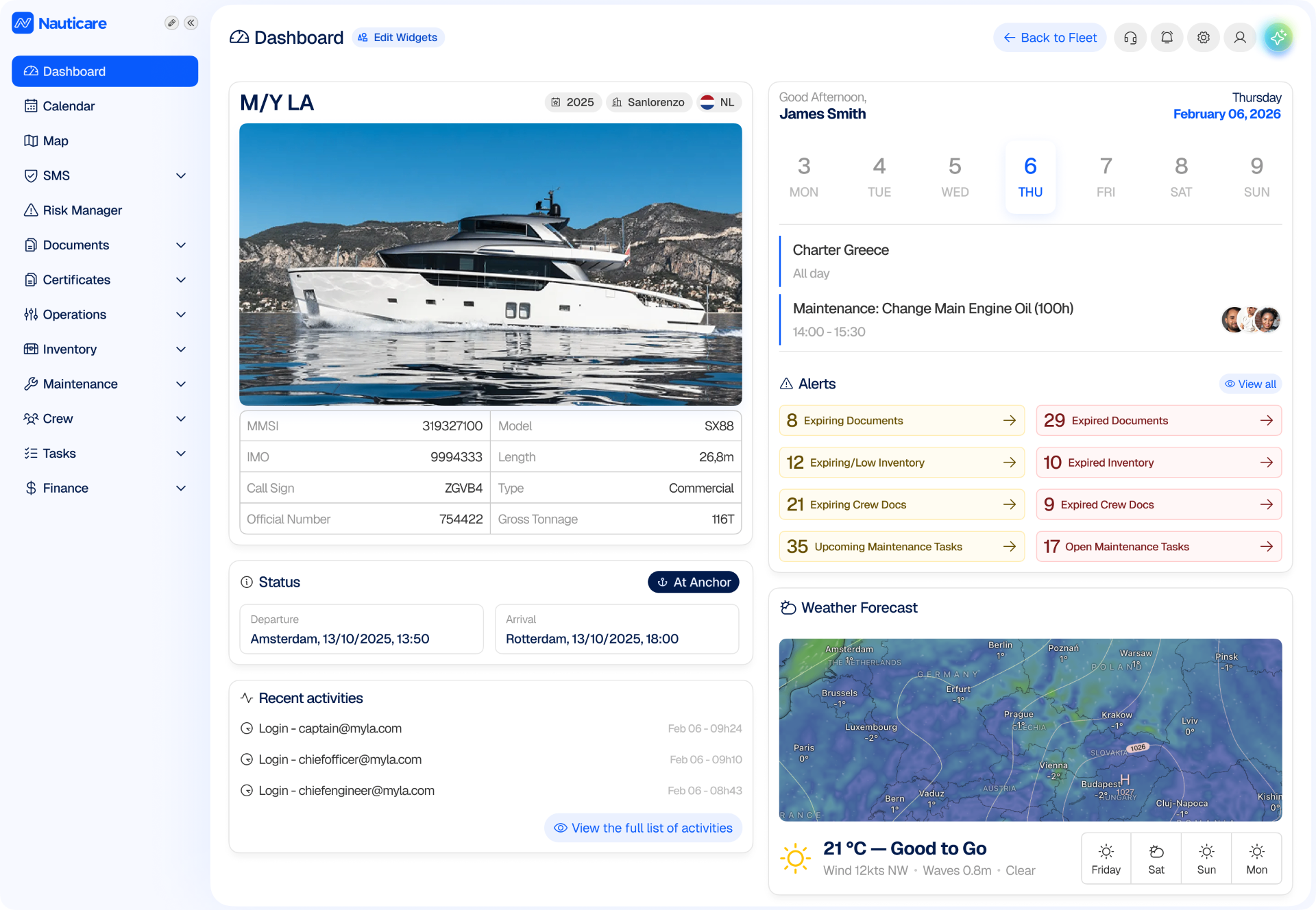 Nauticare yacht dashboard showing vessel status, maintenance calendar, expiring documents, crew activity, and compliance tracking at a glance